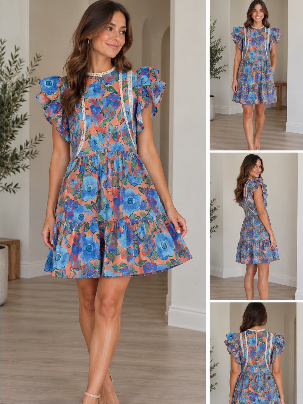 PINCH Women’s Floral Ruffled Dress in Blue and Coral Boutique Size Small